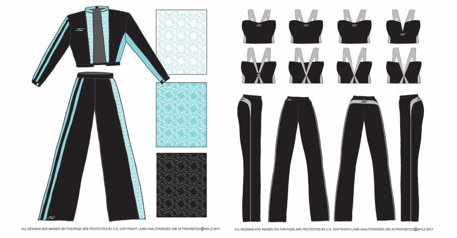 SKILZ turquoise tracksuit and fabric pattern design board